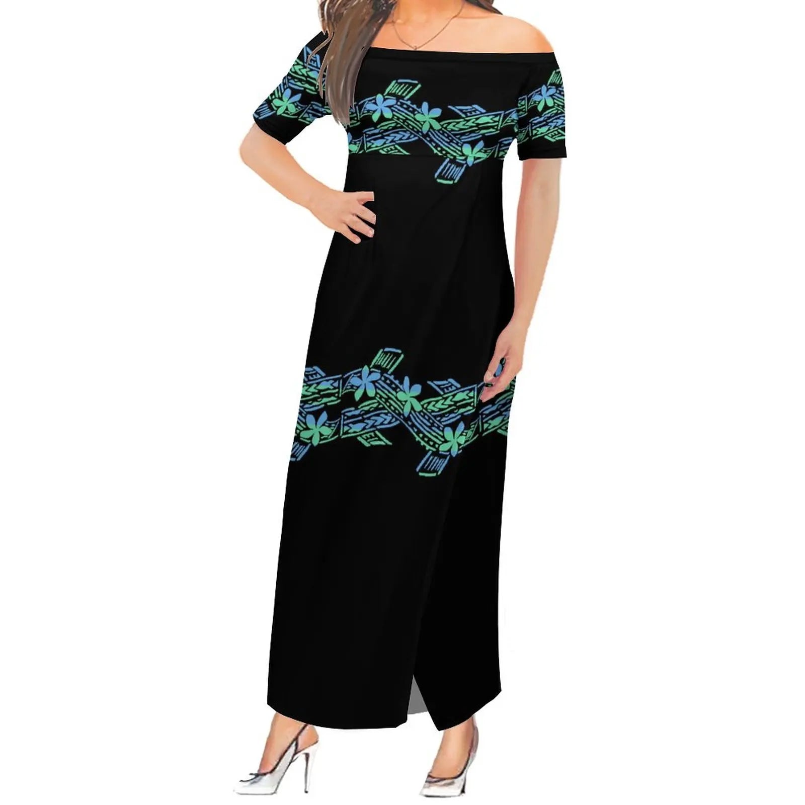 Tiare Moana Shoulder Island Dress and Matching Men's Shirt - Tiare Customs 