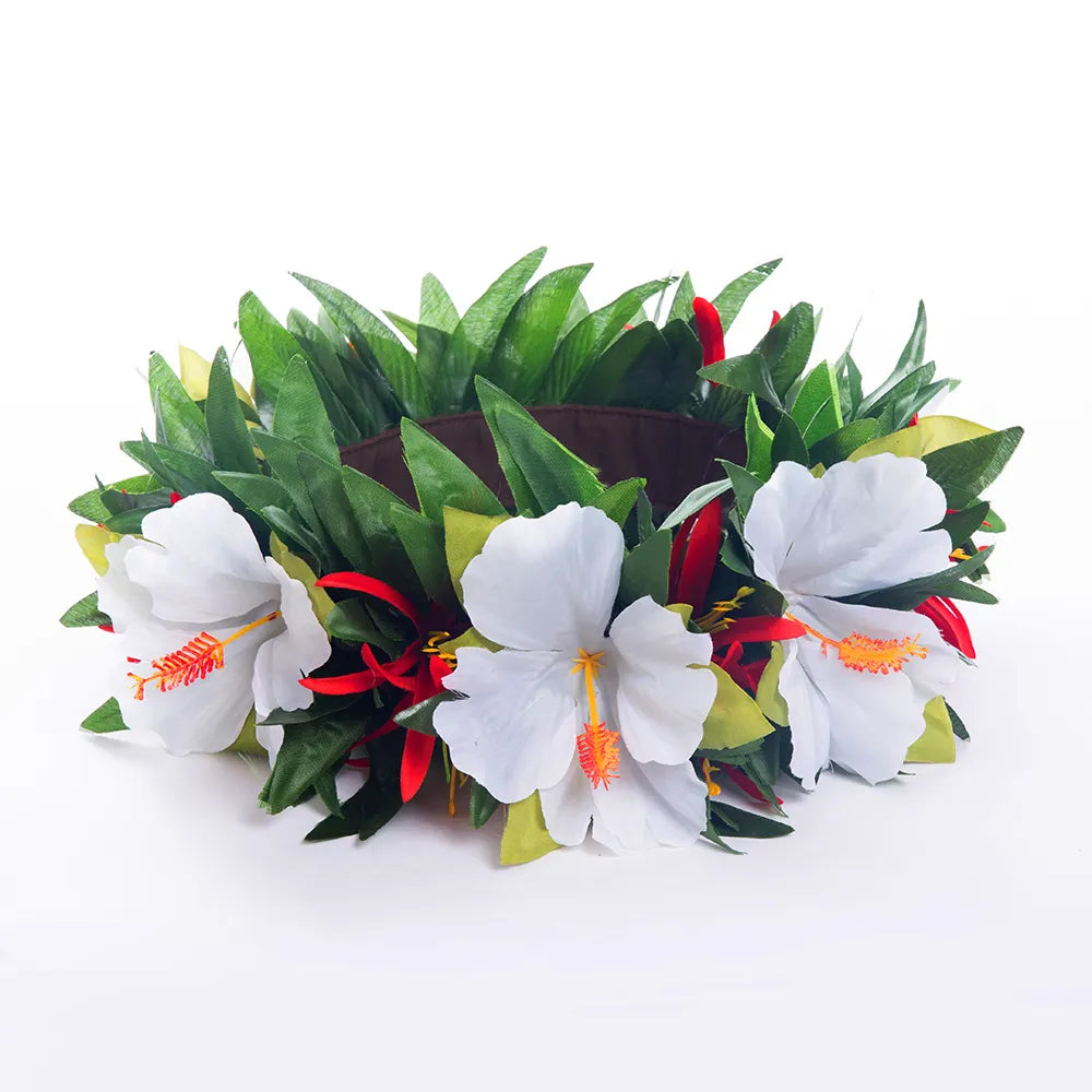 Silk Hibiscus with Leaves Headband Ei Katu - Tiare Customs 