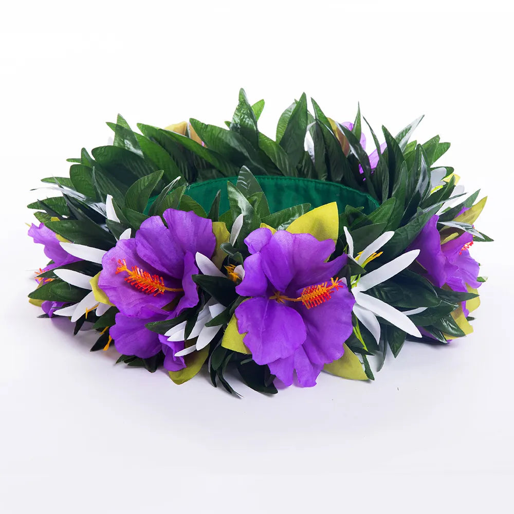 Silk Hibiscus with Leaves Headband Ei Katu - Tiare Customs 